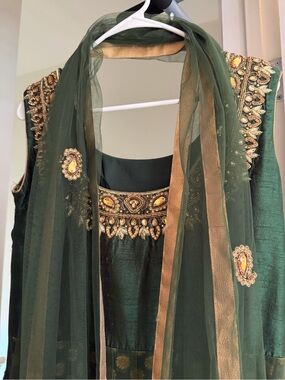 Embellished Dark Green Ethnic Dress with Gold Accents